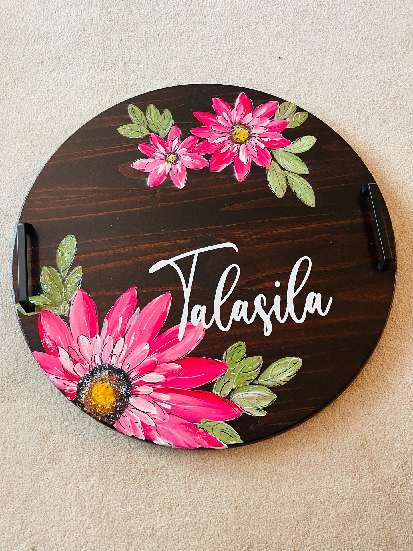 🌸 Personalized Hand-Painted Wooden Tray – “Talasila” | Custom Round Floral Serving Tray