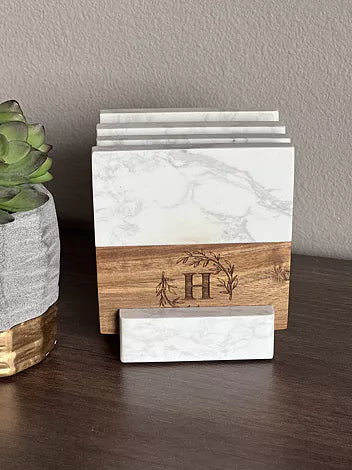 Personalized Square Wooden & Marble Coaster Set with Holder – Elegant Engraved Gift for Home & Bar