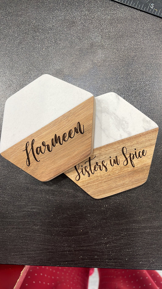 Personalized Hexagon Wooden & Marble Coaster Set – Modern Minimalist Drink Coasters