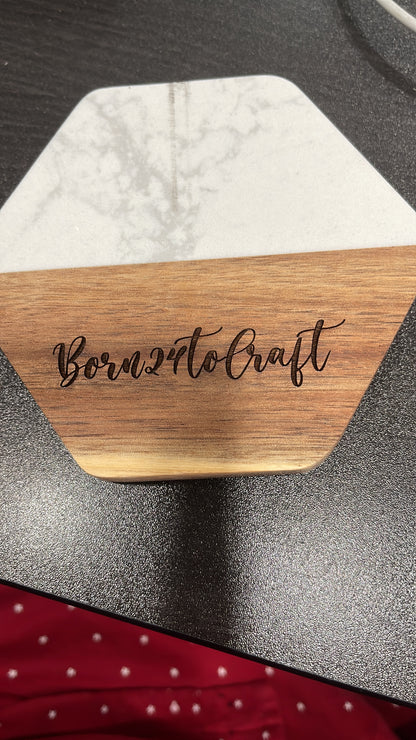 Personalized Hexagon Wooden & Marble Coaster Set – Modern Minimalist Drink Coasters