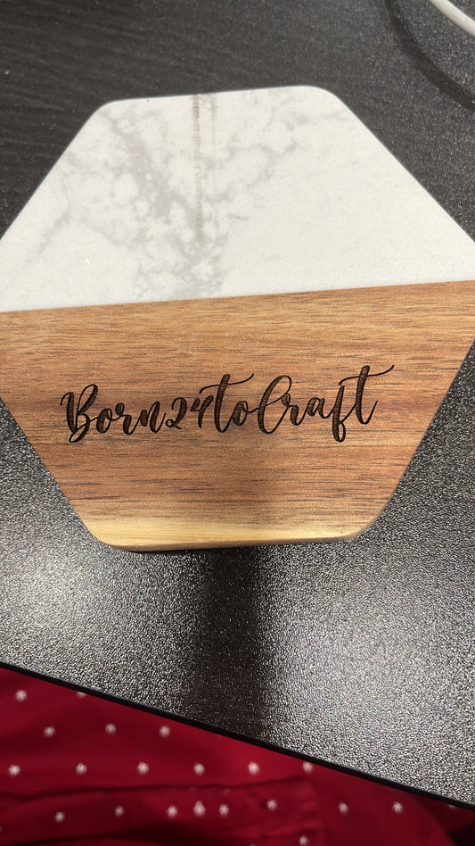 Personalized Hexagon Wooden & Marble Coaster Set – Modern Minimalist Drink Coasters