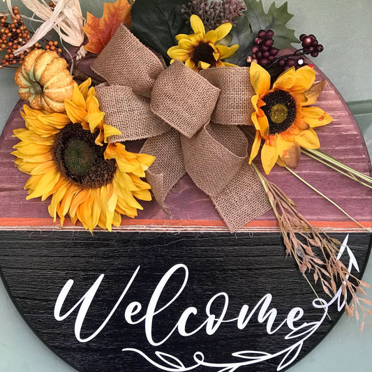 Welcome Front Door Decor | Rustic Sunflower Wreath | Burlap Bow | Farmhouse Door Hanger | Seasonal Front Door Sign | Housewarming Gift