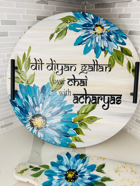 🌸 Hand-Painted Floral Serving Tray – “Mli Diyan Gallan Over Chai with Acharyas” | Unique Decorative & Functional Tray