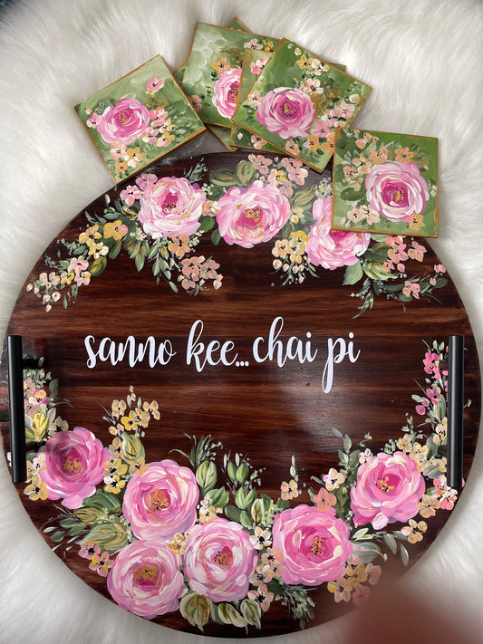 🌸 Hand-Painted Round Wooden Serving Tray with Coasters – “Sanno Kee… Chai Pi” | Floral Tea-Time Decorative Tray