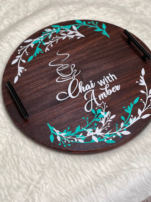 ☕ Hand-Painted Wooden Serving Tray – “Chai with Amber” | Personalized Round Tea-Time Tray