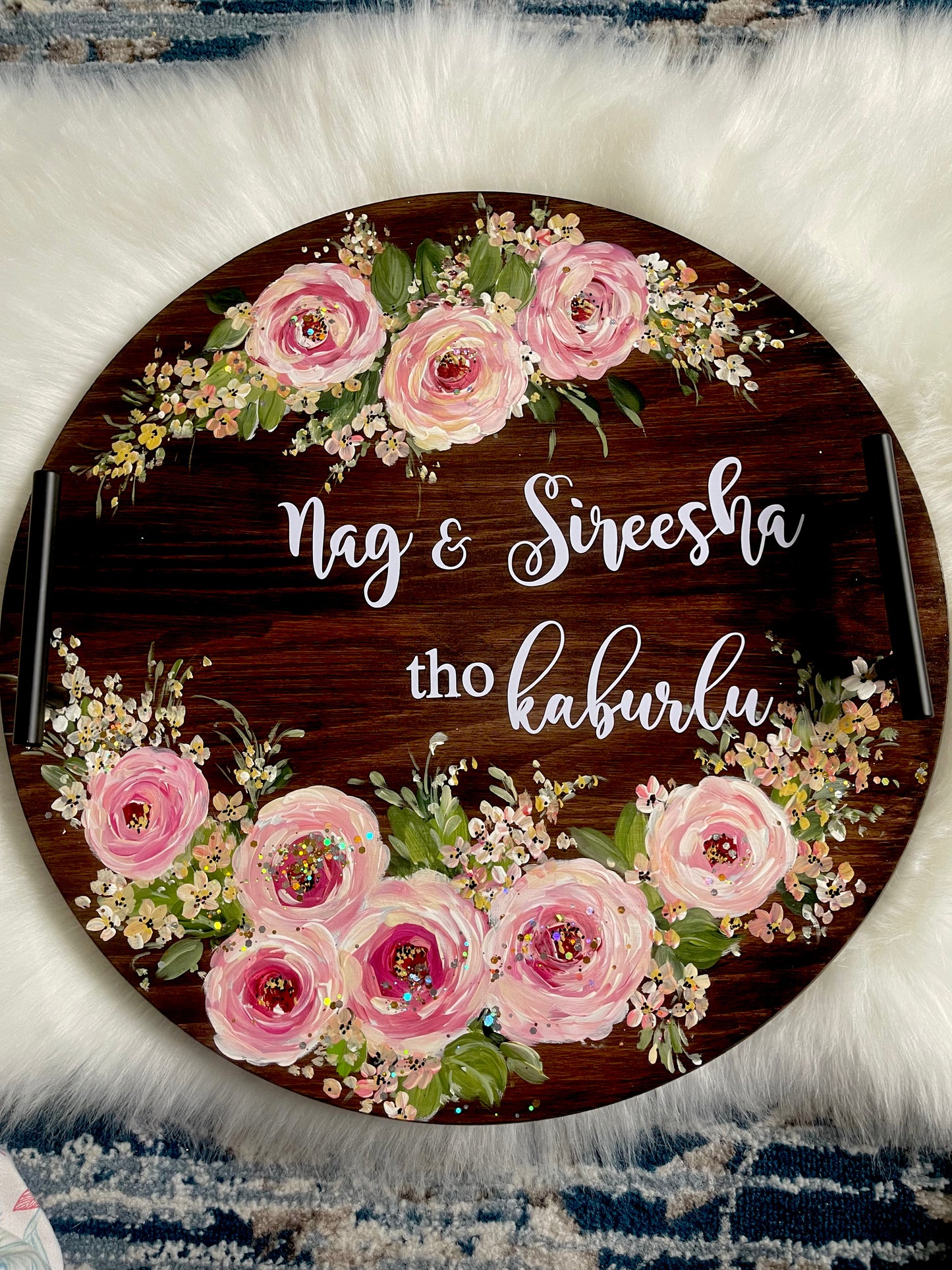 🌸 Personalized Hand-Painted Wooden Tray – “Nag & Sireesha tho kaburlu” | Floral Round Serving Tray for Tea-Time & Decor