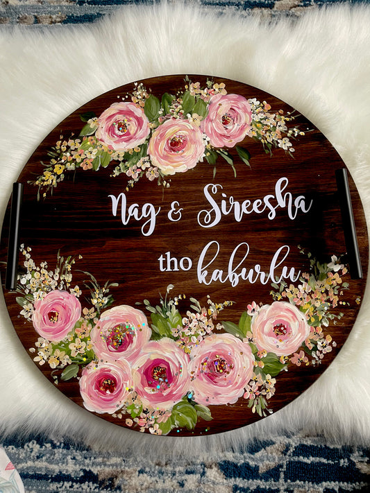 🌸 Personalized Hand-Painted Wooden Tray – “Nag & Sireesha tho kaburlu” | Floral Round Serving Tray for Tea-Time & Decor