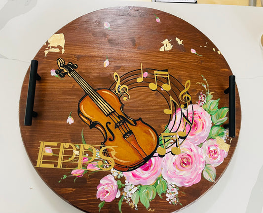 🎶 Hand-Painted Wooden Serving Tray – Violin & Roses Design | Musical Home & Gifting Decor