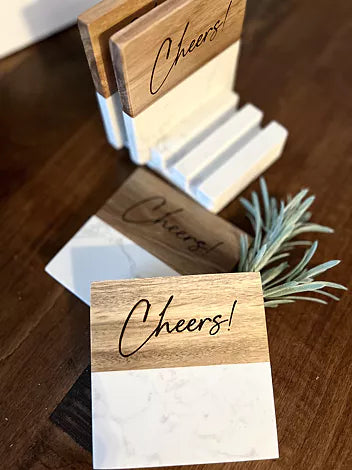 Personalized Square Wooden & Marble Coaster Set with Holder – Elegant Engraved Gift for Home & Bar