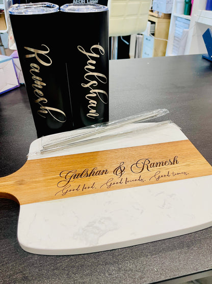 Personalized Wooden & Marble Cheese Board Set with 4 Knives – Elegant Charcuterie Gift
