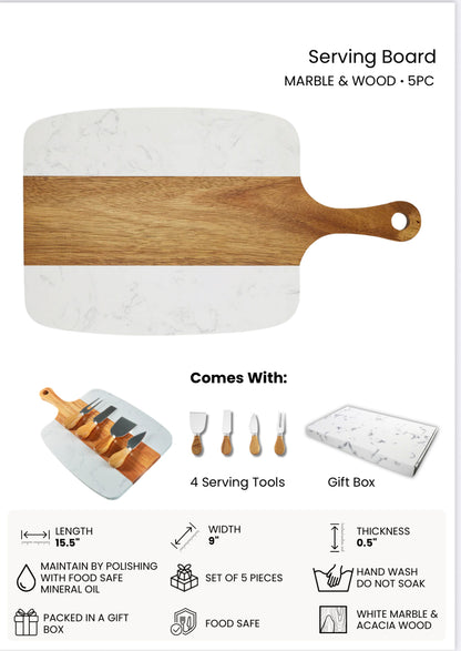 Personalized Wooden & Marble Cheese Board Set with 4 Knives – Elegant Charcuterie Gift