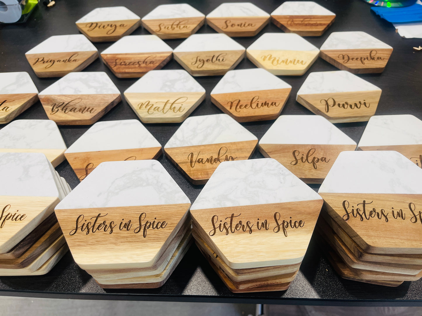 Personalized Hexagon Wooden & Marble Coaster Set – Modern Minimalist Drink Coasters