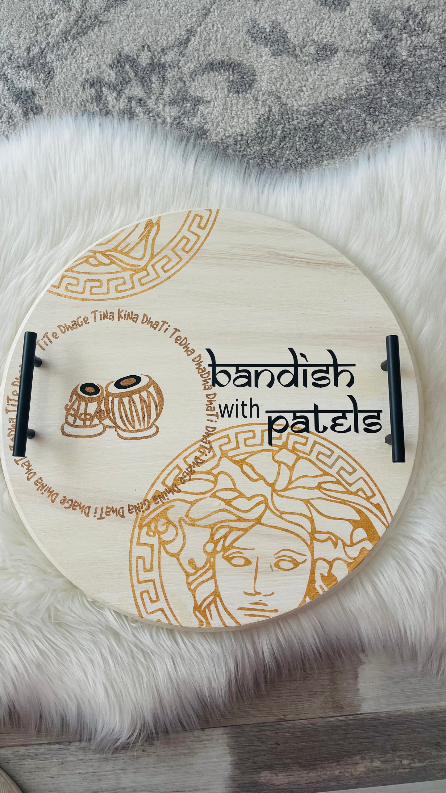 🎶 Handcrafted Wooden Serving Tray – Bandish with Patels | Tabla & Versace Fusion Design