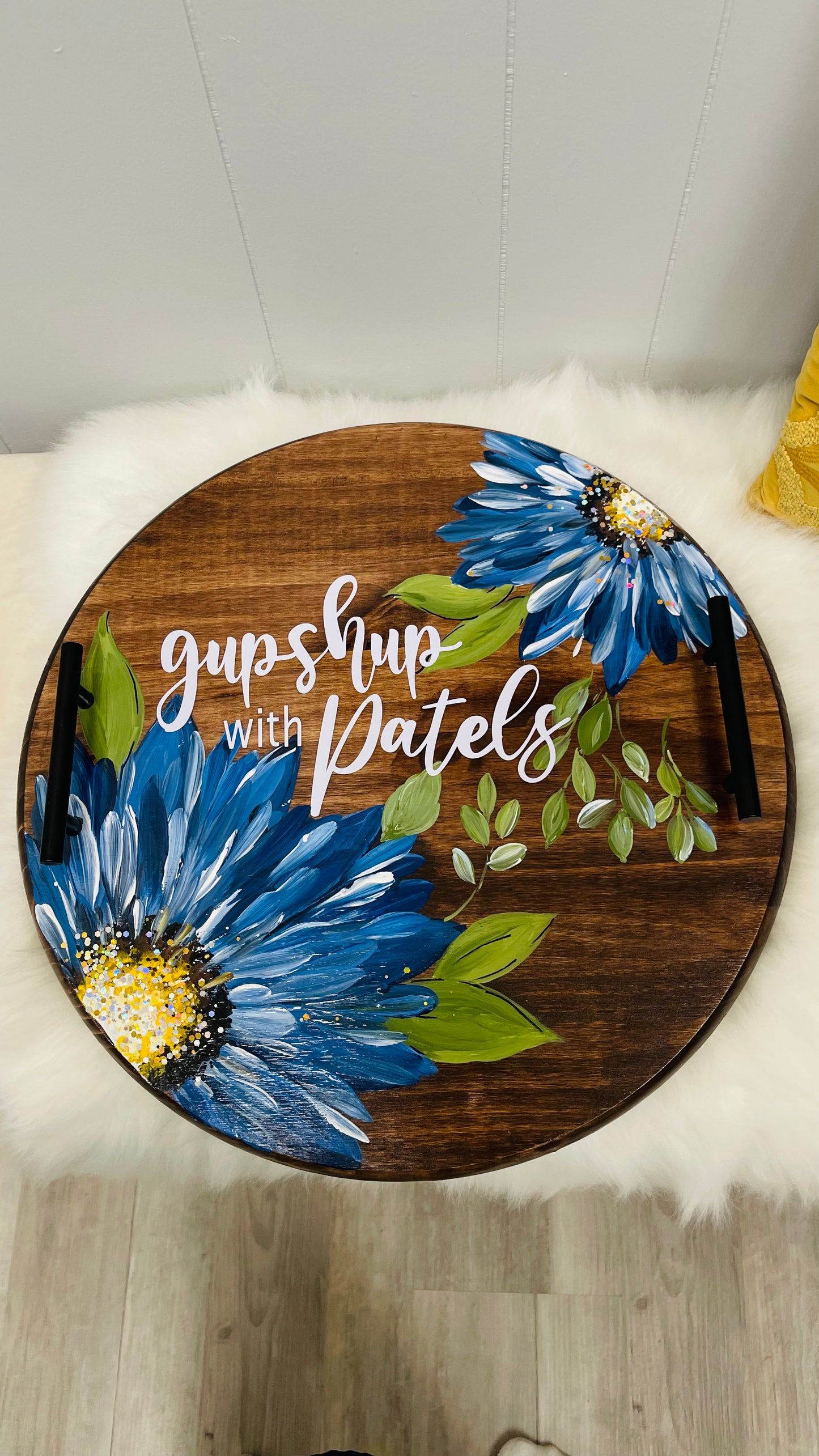 🌸 Hand-Painted Wooden Serving Tray – Gupshup with Patels | Blue Floral & Green Leaf Design