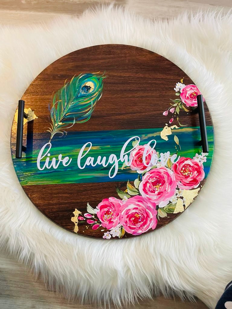 🌸 Hand-Painted Round Wooden Serving Tray – “Live Laugh Love” | Floral & Peacock Feather Decorative Tray