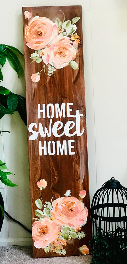 🌸 Floral Porch Leaner Sign – Hand-Painted Roses, Wooden Summer & All-Season Porch Decor