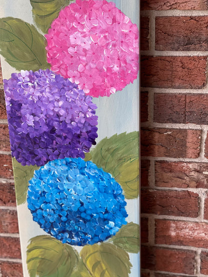 🌸 Hydrangeas Porch Leaner – Hand-Painted Floral Wooden Sign, Tall Spring & Summer Front Porch Decor