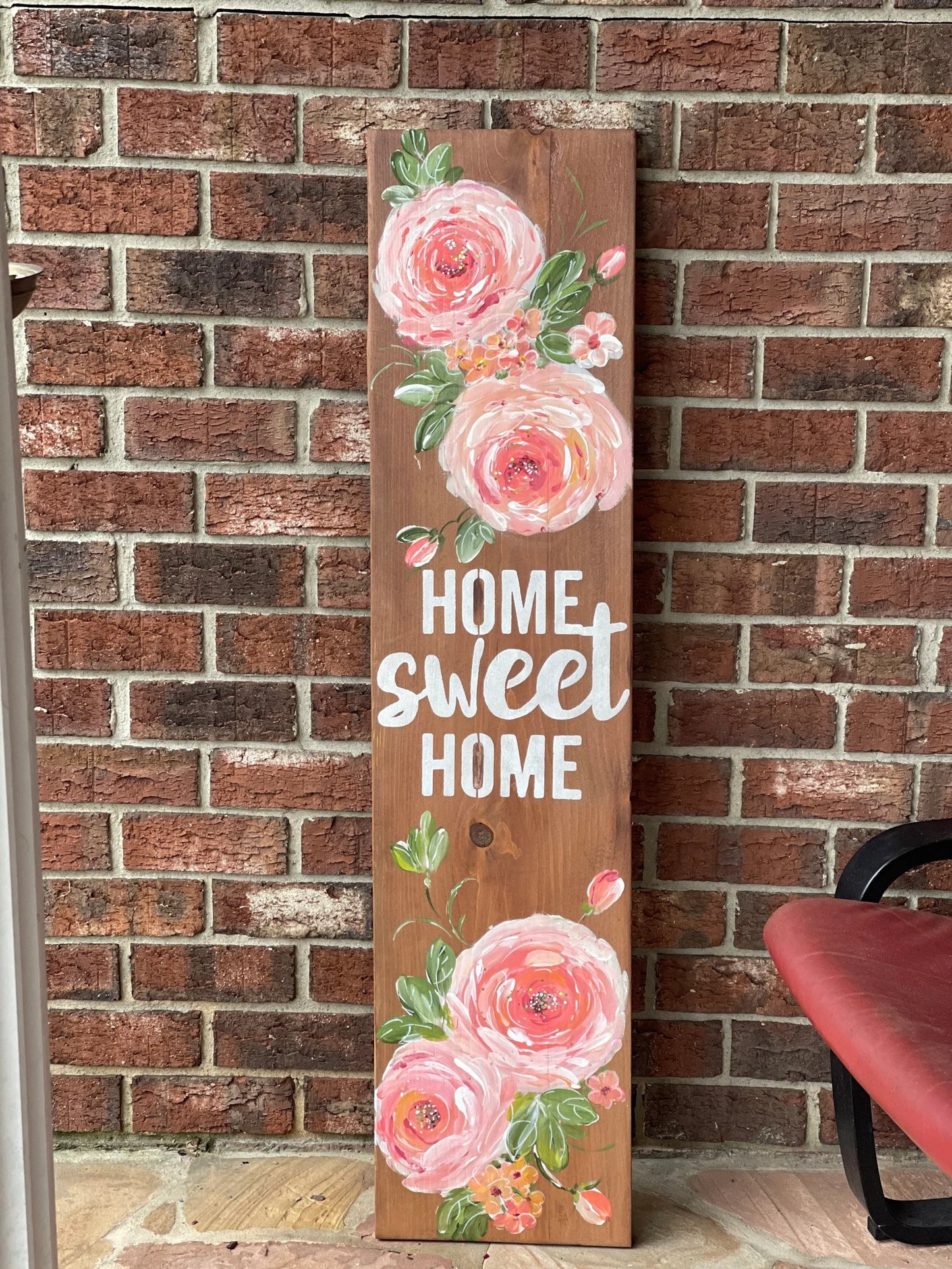 🌸 Floral Porch Leaner Sign – Hand-Painted Roses, Wooden Summer & All-Season Porch Decor