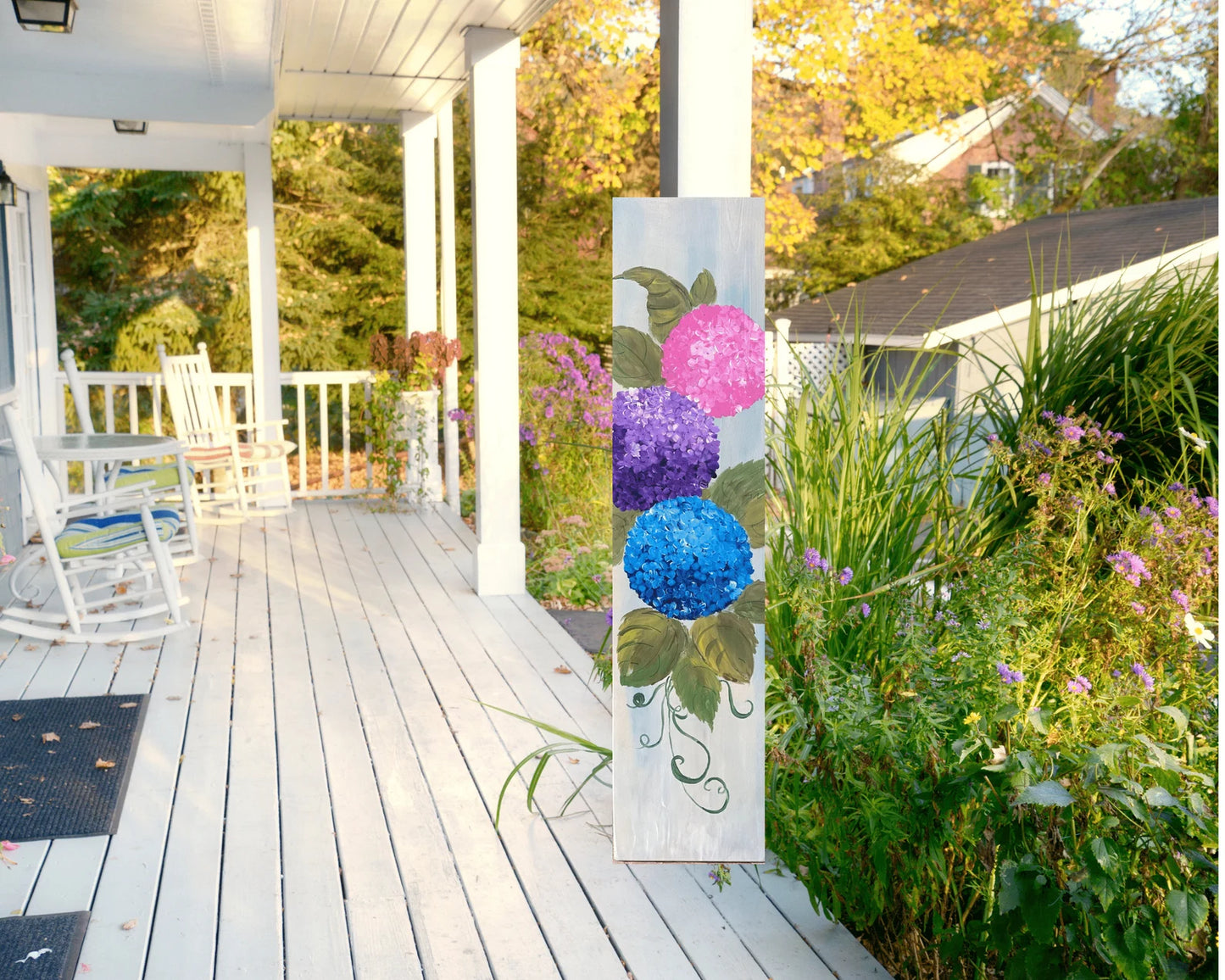 🌸 Hydrangeas Porch Leaner – Hand-Painted Floral Wooden Sign, Tall Spring & Summer Front Porch Decor