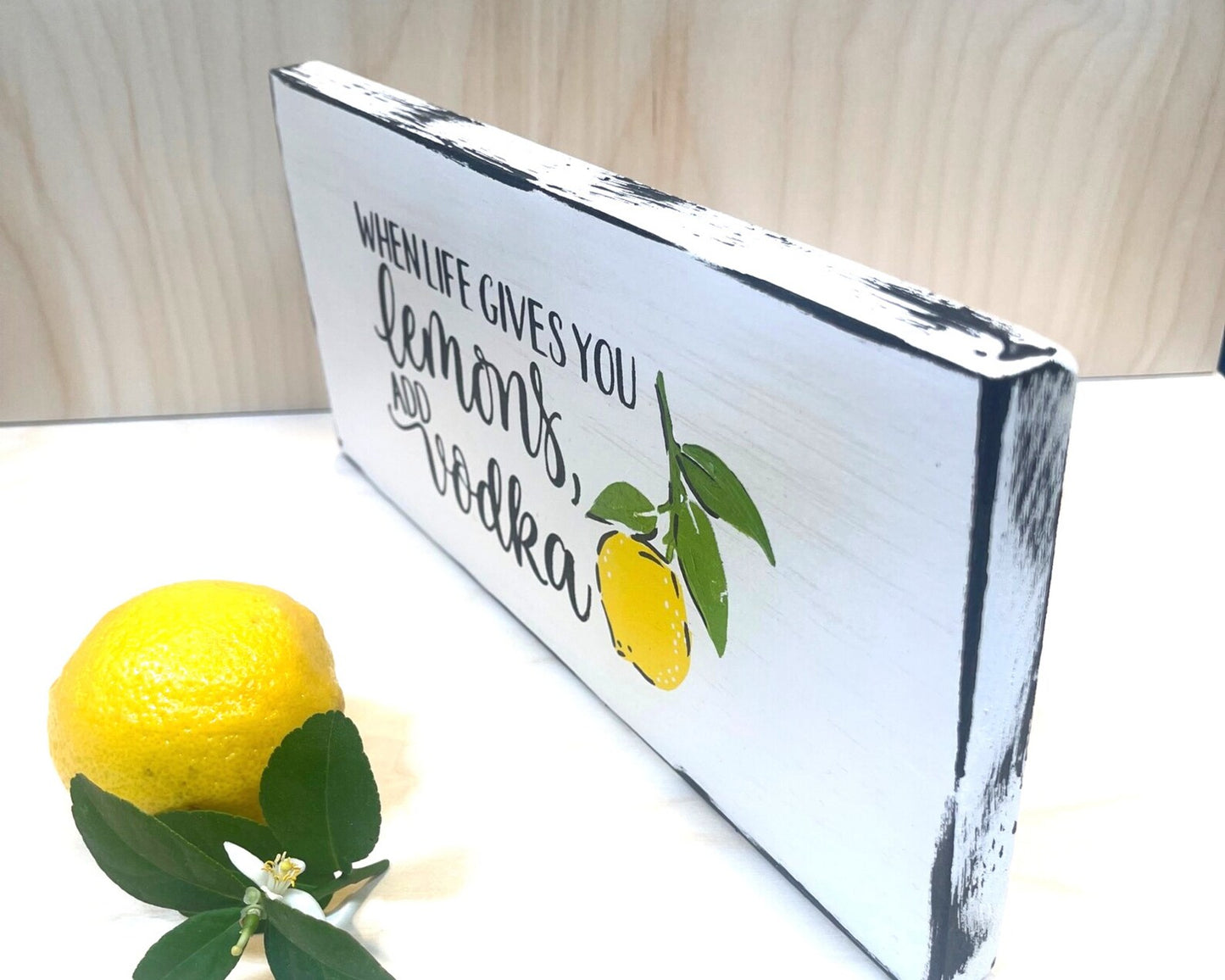 When life gives you lemons wood sign | Rustic Wood Sign | Inspirational Sign | Shelf Sitter | Tiered Tray Decor | Lemon Sign | Floating Shelf