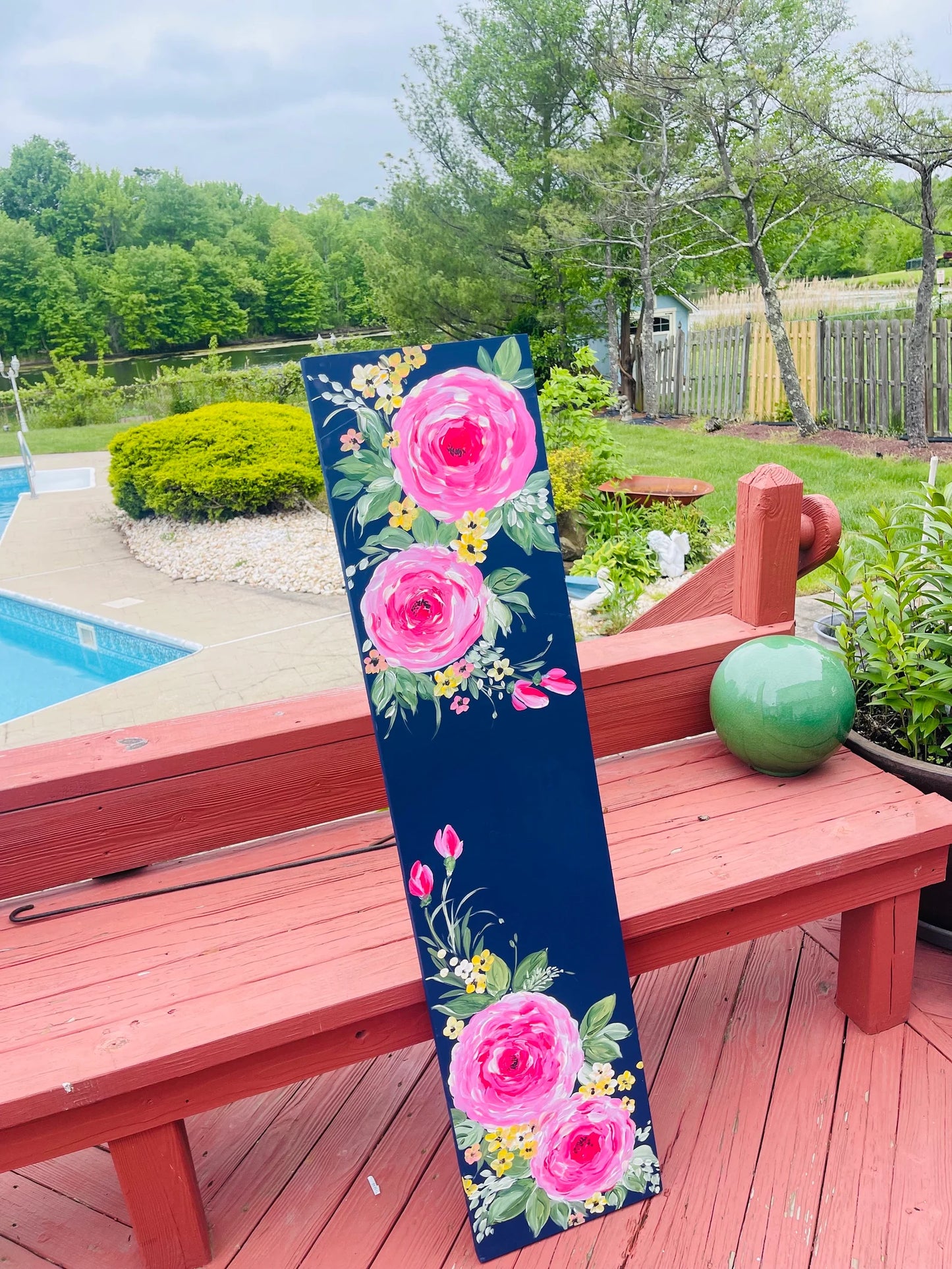 🌸 Navy Floral Porch Leaner – Hand-Painted Roses Wooden Sign, Tall All-Season Front Porch Decor