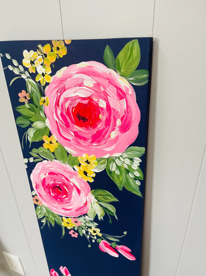🌸 Navy Floral Porch Leaner – Hand-Painted Roses Wooden Sign, Tall All-Season Front Porch Decor