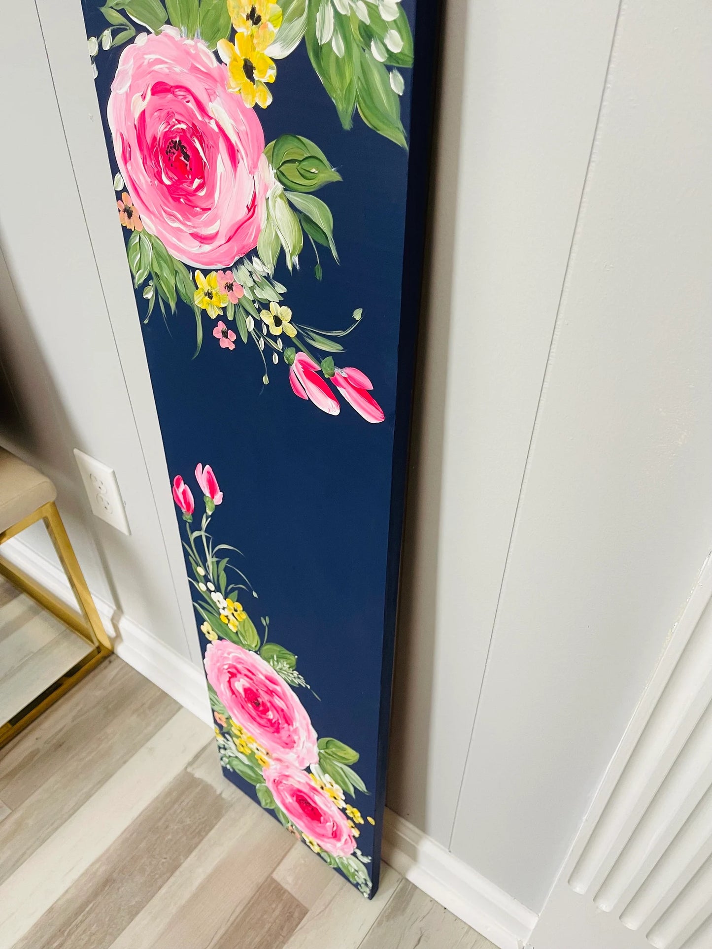 🌸 Navy Floral Porch Leaner – Hand-Painted Roses Wooden Sign, Tall All-Season Front Porch Decor