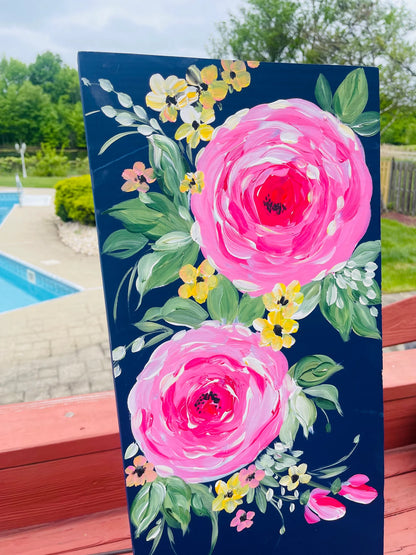 🌸 Navy Floral Porch Leaner – Hand-Painted Roses Wooden Sign, Tall All-Season Front Porch Decor