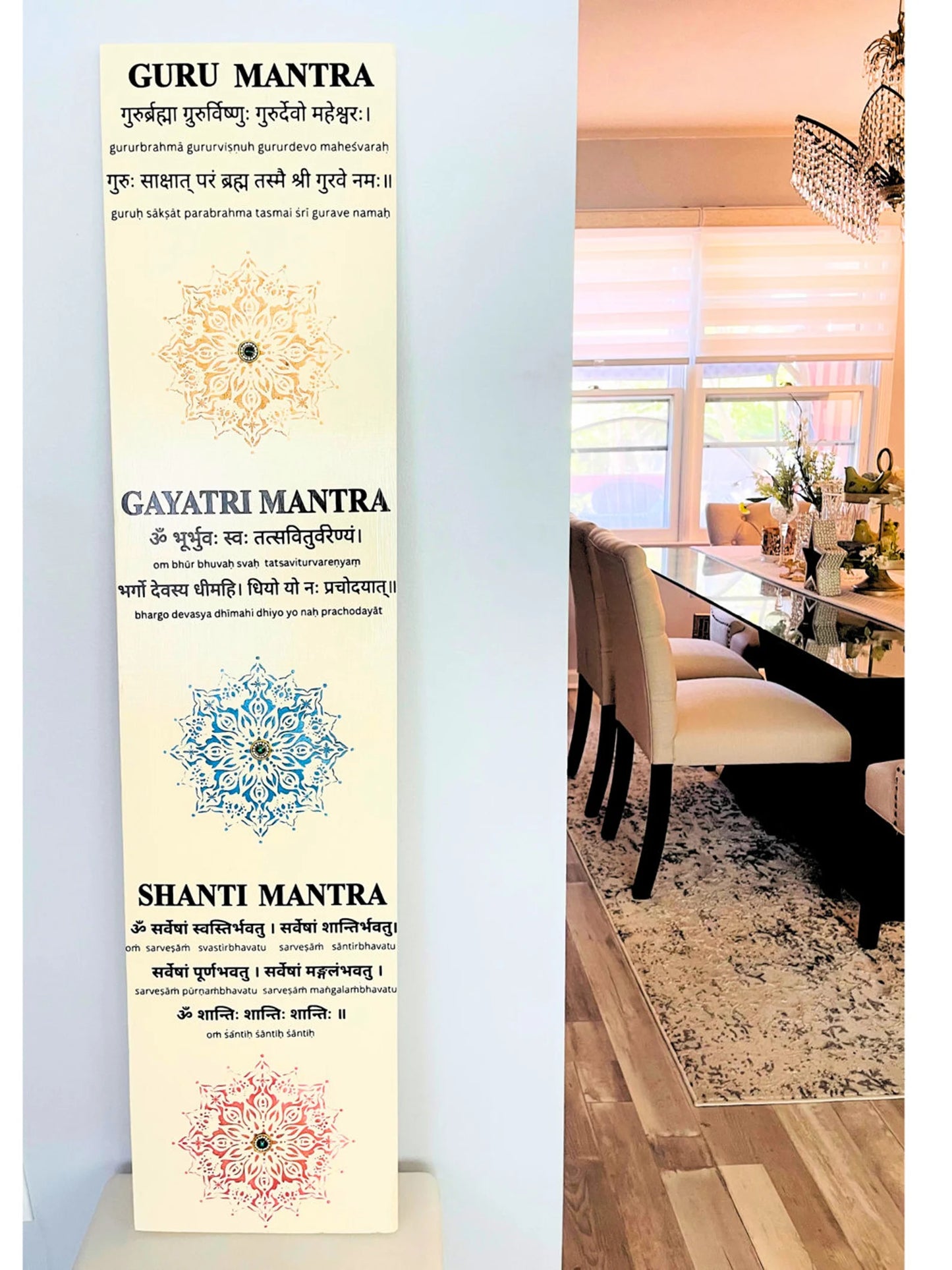 🕉️ Front Door Hindu Decor Leaner – Temple Sign, Shanti & Gayatri Mantra, Hand-Painted Spiritual Mandala, Personalized