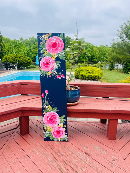 🌸 Navy Floral Porch Leaner – Hand-Painted Roses Wooden Sign, Tall All-Season Front Porch Decor