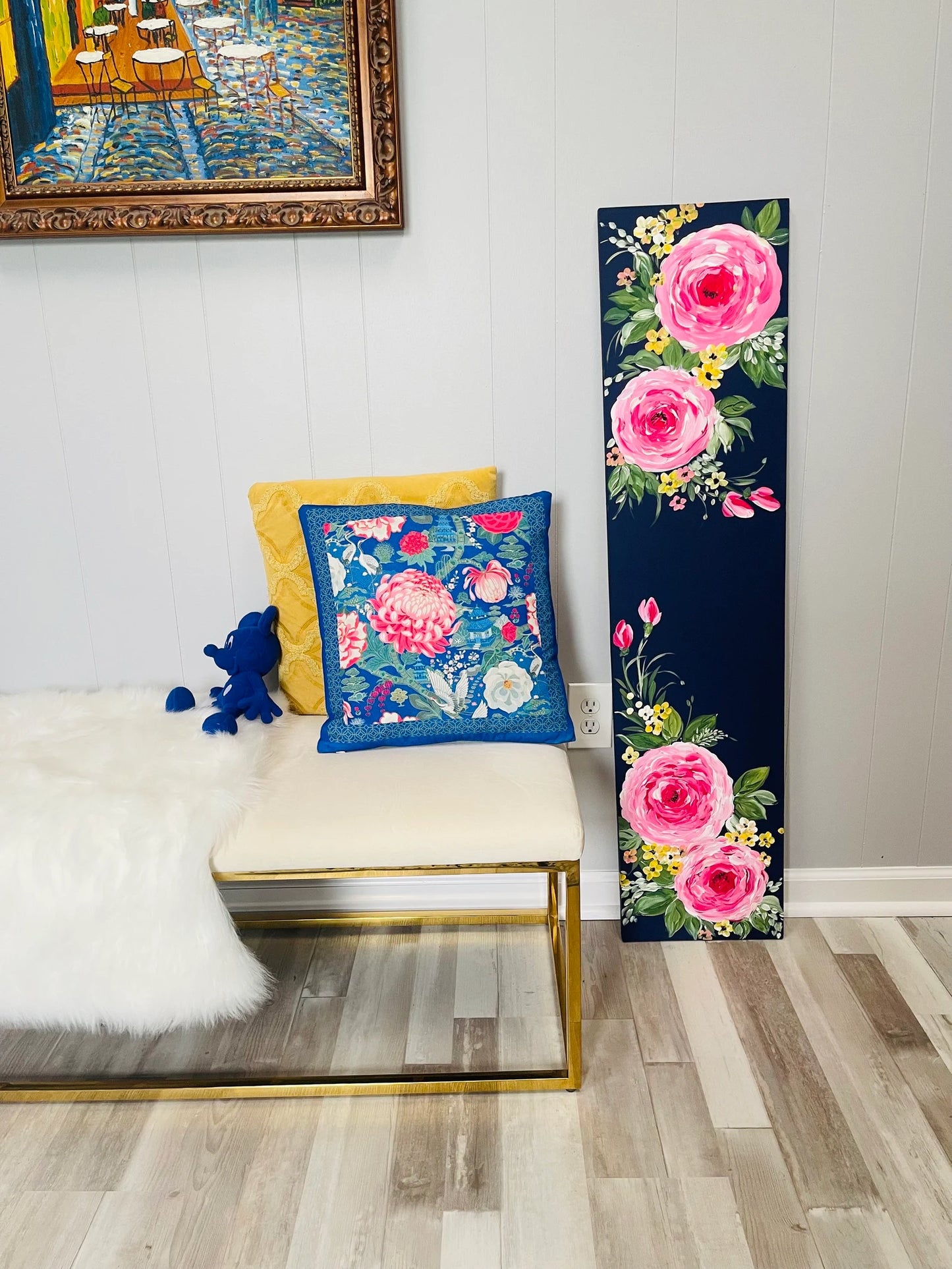 🌸 Navy Floral Porch Leaner – Hand-Painted Roses Wooden Sign, Tall All-Season Front Porch Decor