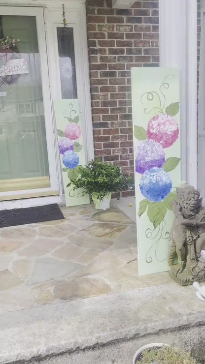 🌸 Hydrangeas Porch Leaner – Hand-Painted Floral Wooden Sign, Tall Spring & Summer Front Porch Decor